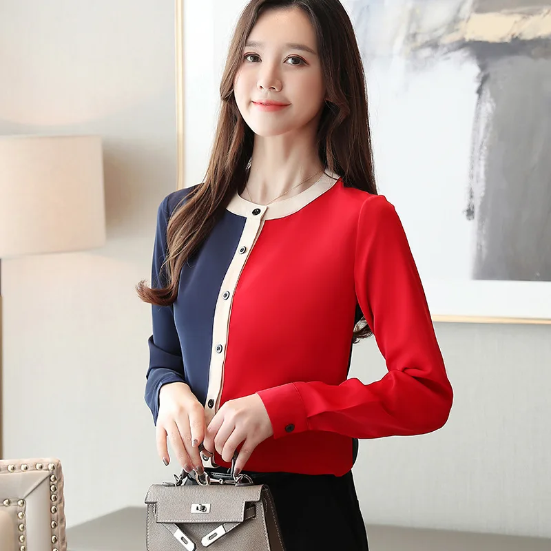 

autumn new fashion women shirt round neck long sleeve fashion cardigan shirt stitching chiffon shirt temperament large size hot