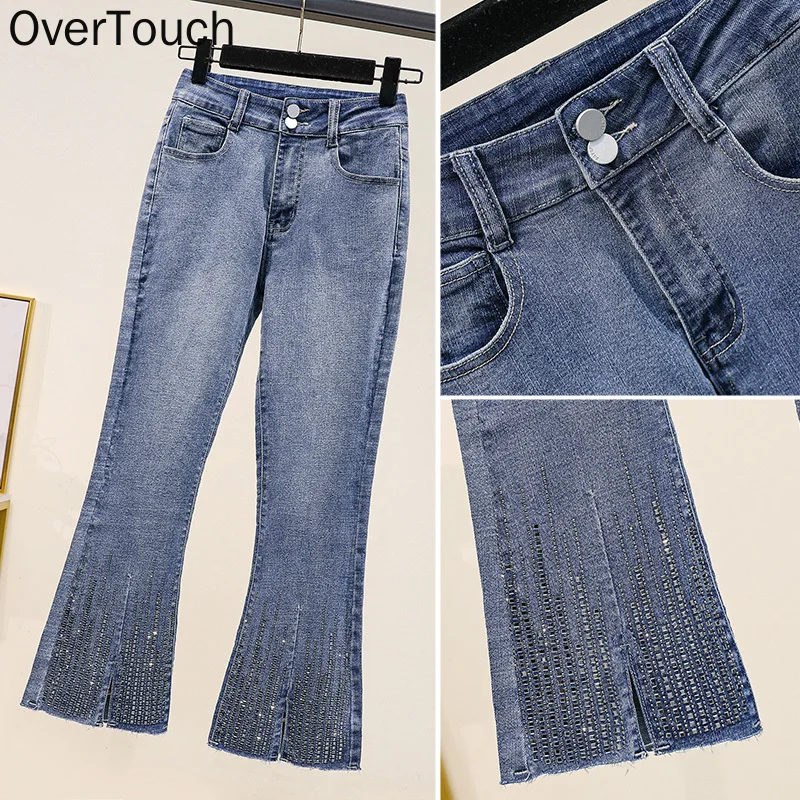 

2021 Plus Size Women Jeans Flare Pants High Waist Elastic Beading Spliced Denim Female New Blue Trousers Oversize 5XL