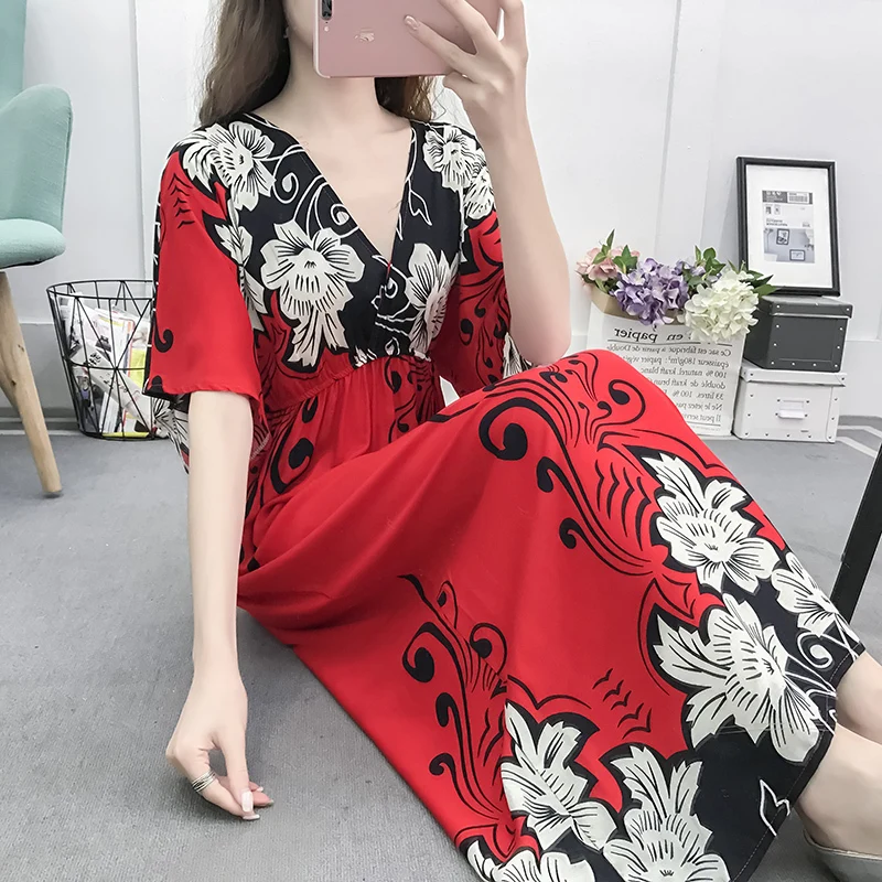 Летнее женское платье-макси с цветочным принтом и V-образным вырезом | Женская