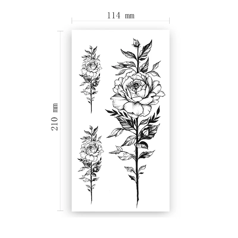 

Temporary Tattoo Stickers Black Peony Rose Flowers Branches and Leaves Fake Tattoos Waterproof Tatoos Arm Large Size Women Girl