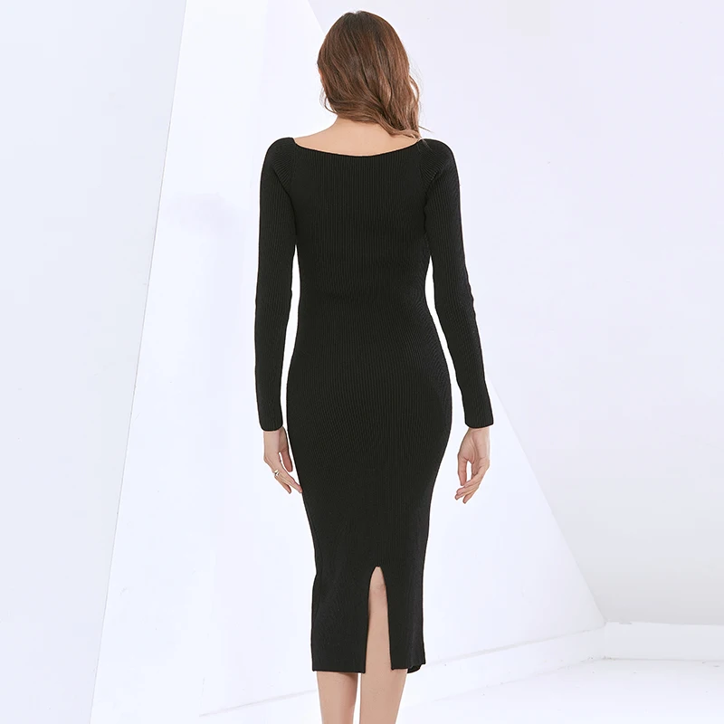 

TWOTWINSTYLE Sexy Slim Dress For Women Square Collar Long Sleeve High Waist Back Split Knitted Dresses Female Autumn Fashion New