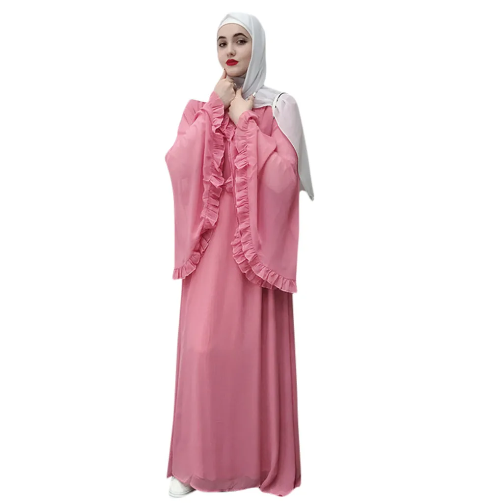 Pink KLV Абая для женщин Исламская одежда с длинным рукавом сплошной цвет макси мусульманское платье кардиган Кафтан Дубай, Турция платья Хиджаб Халат - Цвет: Pink