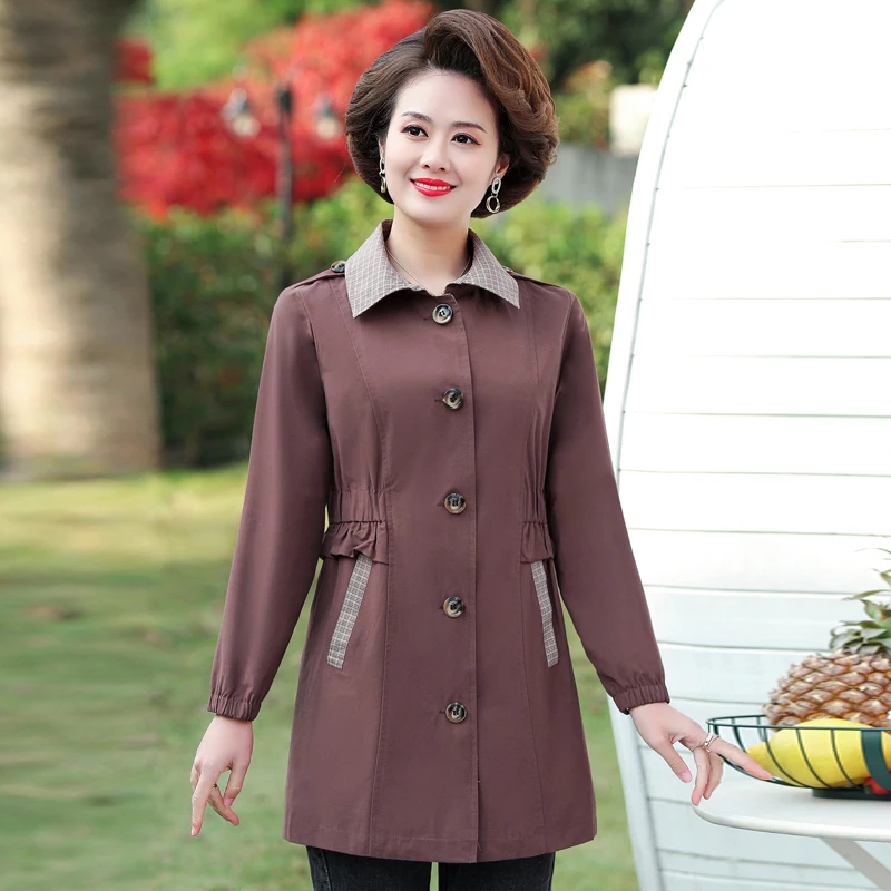 Тренч для зрелых женщин цвета хаки красный кофейный клетчатый узор отложной