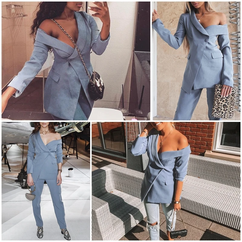 Сексуальные блейзеры на одно плечо женские синие Асимметричные рабочие зимние