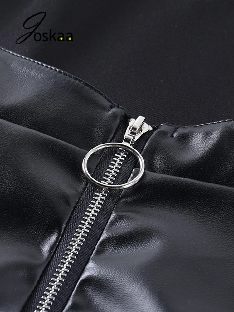 

Joskaa Women Sexy Backless Zipper Mini Dress Black PU Leather Sleeveless Halter Bodycon Dress Autumn 2021 Elegant Party Clubwear