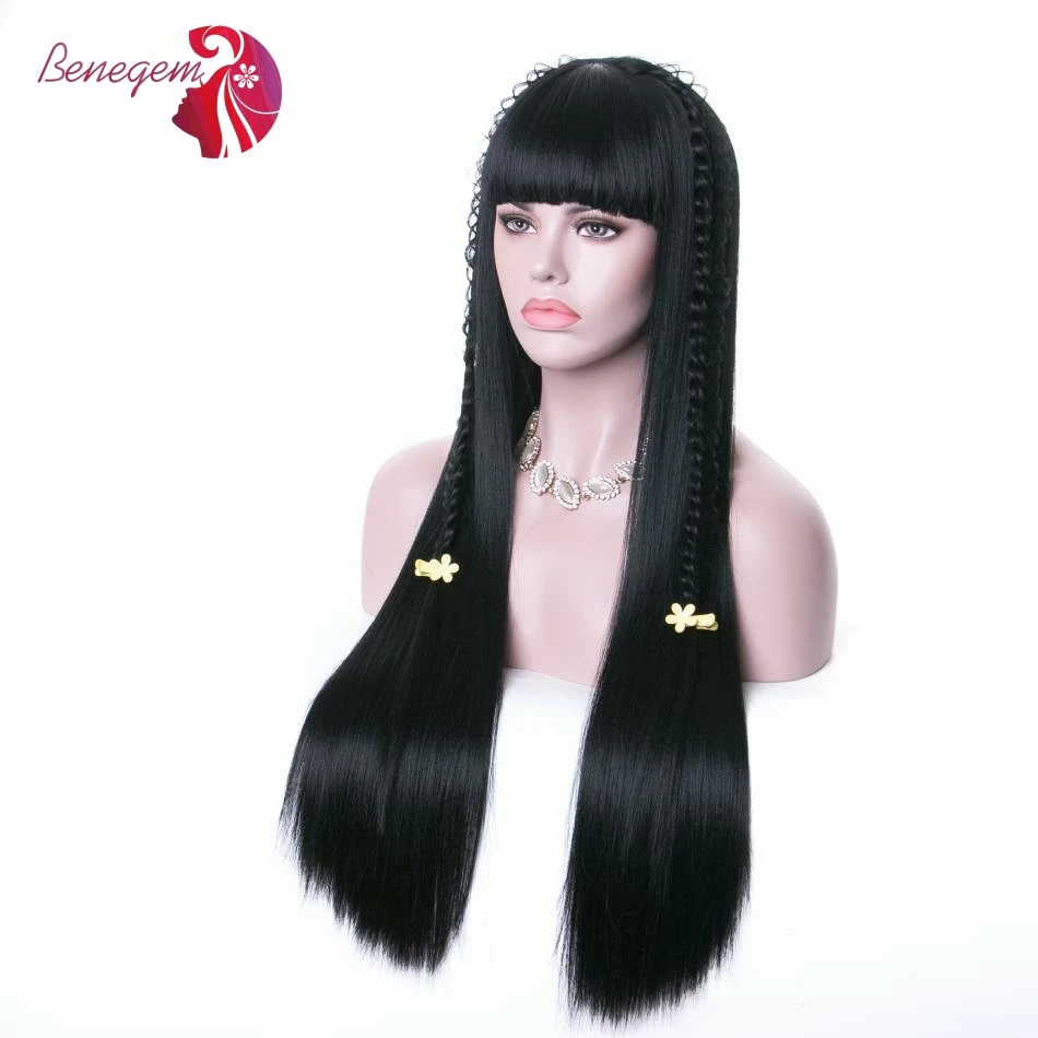 

Benegem Black Long Straight Synthetic Wig with Bangs For Black And White Women Heat Resistant Fiber Daily Cosplay Use Wigs