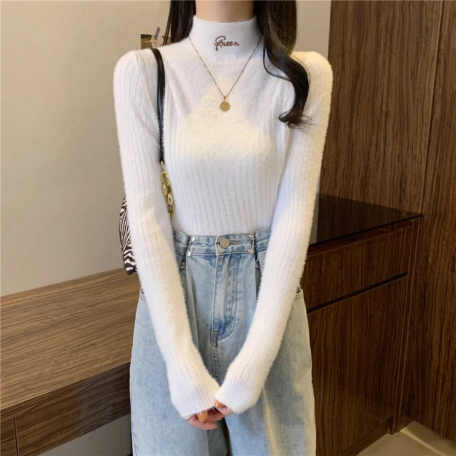 

women's Sweaters 2021 White Thicken Turtleneck Sweater Autumn Winter Sweet Lantern Sleeve Casual Solid Color Pullover pull Femme