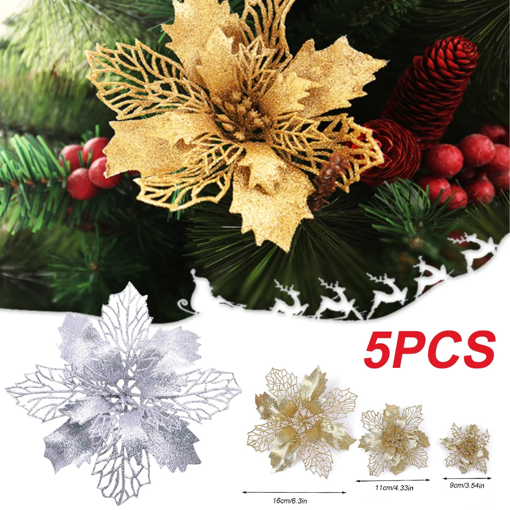 

New Design 5 Pcs 9-16 CM Glitter Artificial Flowers Christmas Tree Xmas Wreath Fake Flower Decorations Ornaments for Home Party