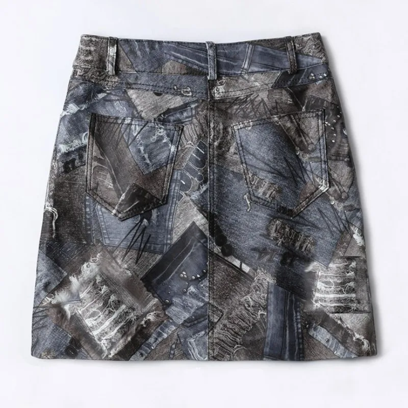 

2021 Designer Anti-Wrinkle Sheepskin Skirt Women Autumn Print A-Line Short Leather Skirts Female High Waist Pencil Skirt Tide
