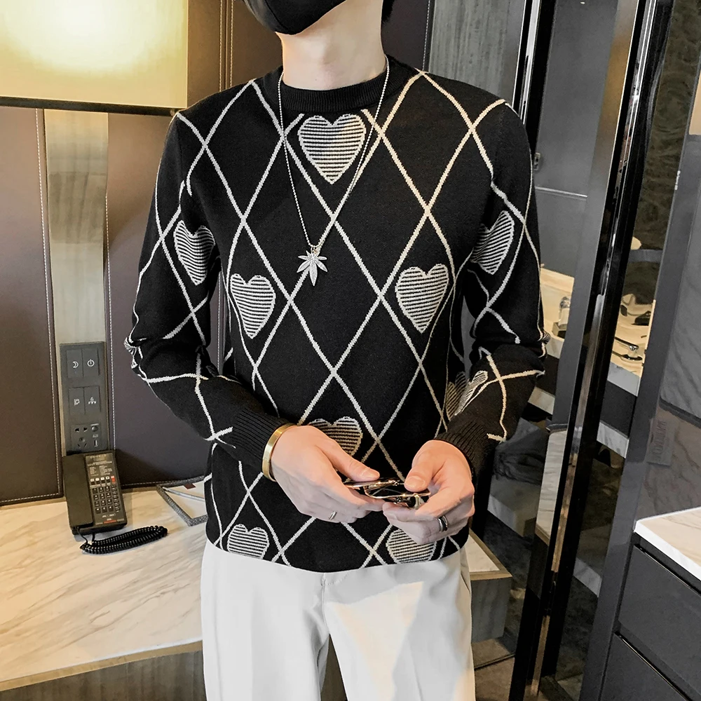 

Autumn Winter Argyle Love Men's Sweater Long Sleeve Slim Fit Casual Knitted Pullovers Round Neck Warm Knit Sweater Men Clothing