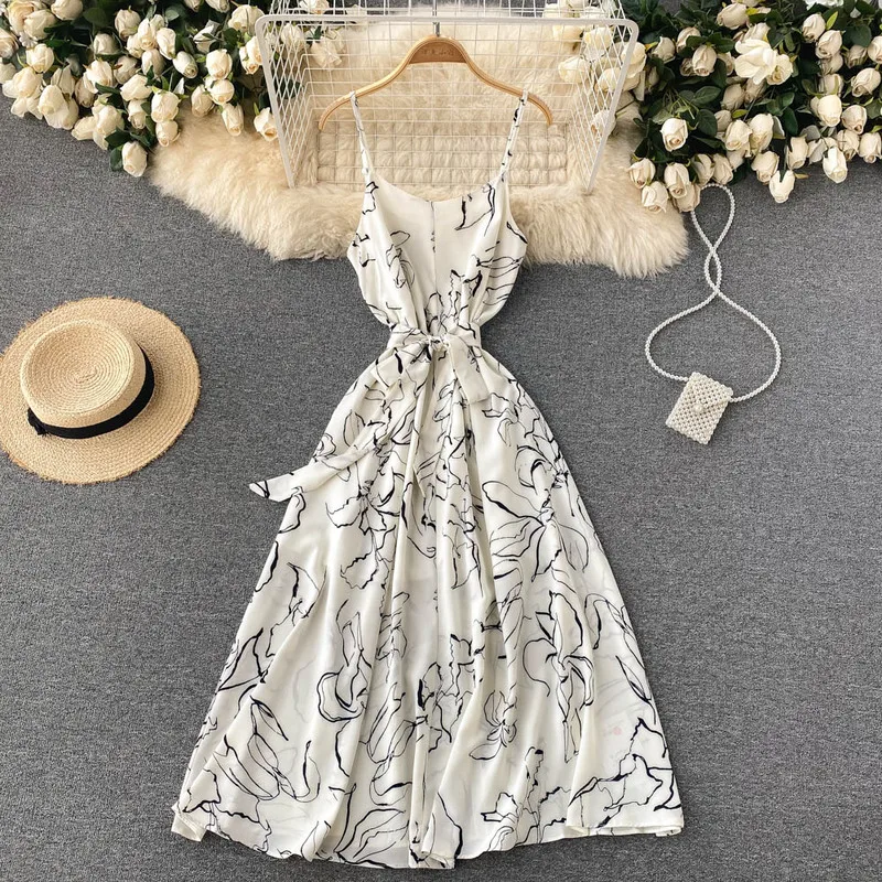 

Women Sleeveless Printed Maxi Chiffon Dress 2022 Sexy Deep V Neck Boho Dress Spring Summer Vintage Long Dresses Robe Femme New