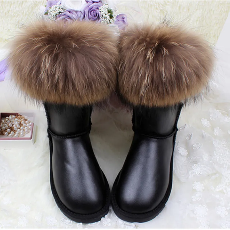 smooth waterproof Женские зимние ботинки на меху; зимние ботинки с натуральным лисьим мехом; водонепроницаемые ботинки; Средний теленок; женская зимняя обувь из натуральной кожи - Цвет: smooth waterproof