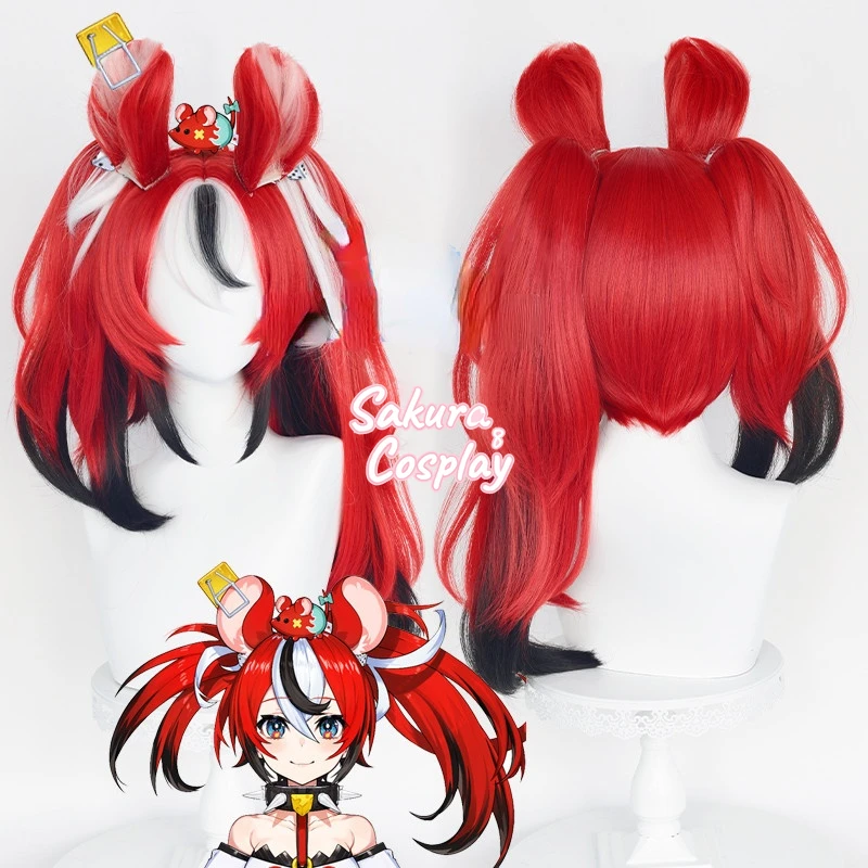 

VTuber Hakos Baelz "конские хвосты" для косплея с ушками Hololive Английский красный черный белый смешанные длинные вьющиеся волнистые синтетические во...