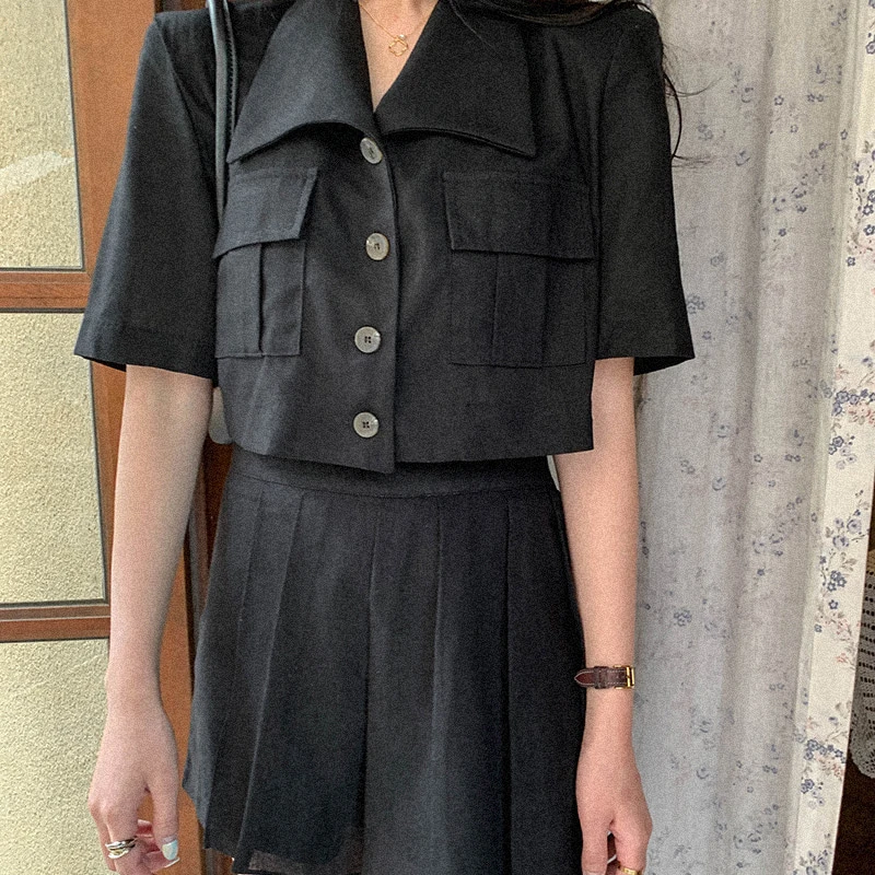 

2021 New Summer Women Sets 2 Piece Outfits Matching Pleated Skirt Cargo Style Vintage Korean Lady Suits Sets