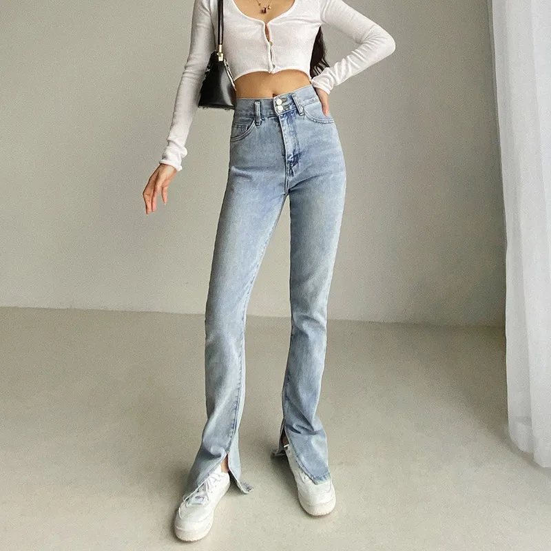 

Spring autumn new style street fashion solid color mid-waist 2 button jeans women, trousers slits are thin and long jeans women