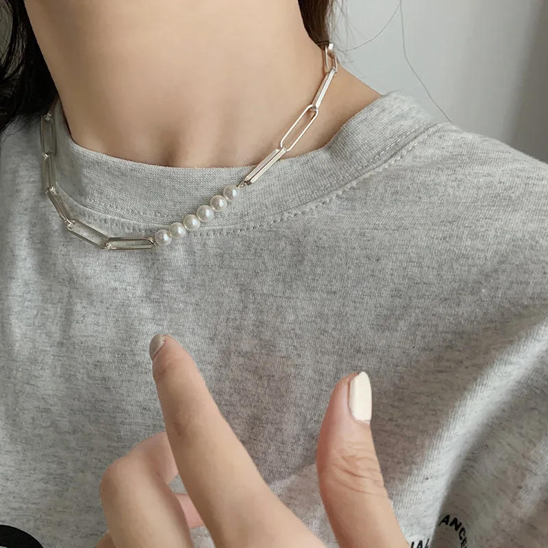

FMILY Minimalist 925 Sterling Silver Elegant Pearl Necklace Retro Fashion Hollow Clavicle Chain Bracelet for Girlfriend Gift