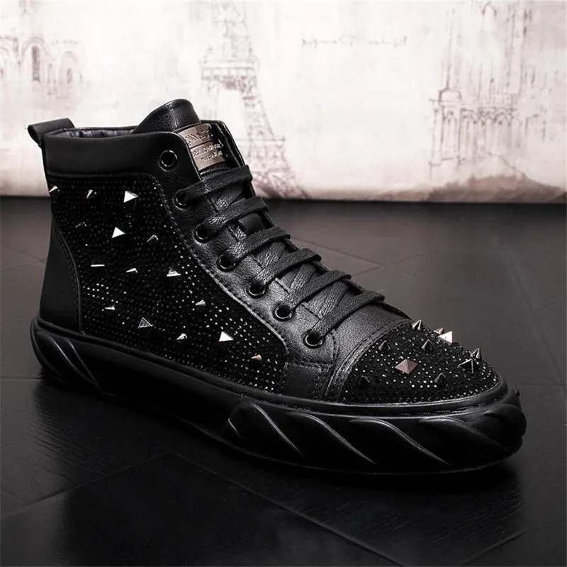 Beli Sepatu Skateboard Pria Desainer Mewah Berlian Buatan Atasan Tinggi Punk Hip Hop Sepatu Bot Pergelangan Kaki Flat Kasual Berpaku Keling