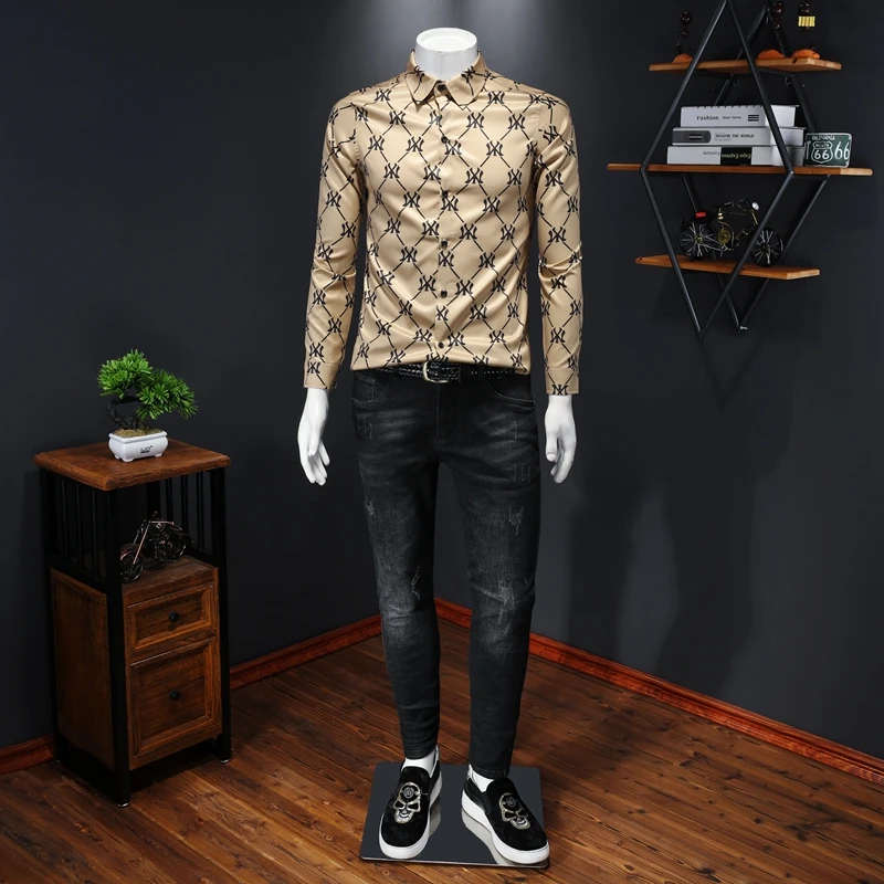 

Khaki Men's Shirts Letter Pattern Classic Chinese Popular Style Designer Brand Long Sleeve Male Autumn Clothing 2212