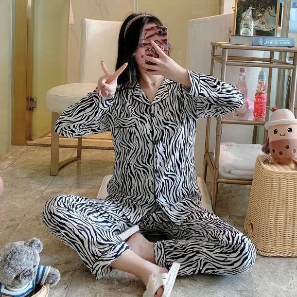 Pijama Set Woman 2 Pieces Nightie Sleepwear Home Clothes Zebra Pattern Pajamas Girl Winter Pyjama Female Suit Outfits Homewear
