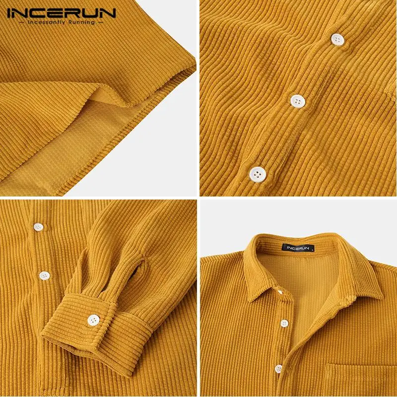 

INCERUN Men Solid Corduroy Shirts Leisure Long Sleeve Turn Down Collar Chemise Loose Cozy Blusas 2021 Harajuku Men Shirts S-5XL