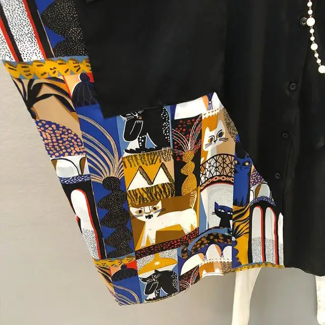 

Spring and summer women's large size women's fat mm print stitching loose foreign style shirt skirt medium length dress