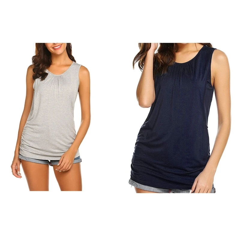 

2x Women's Maternity Nursing Top Breastfeeding Tank Top Tee Shirt Sleeveless Pregnancy Shirt Dark Blue M & Grey L