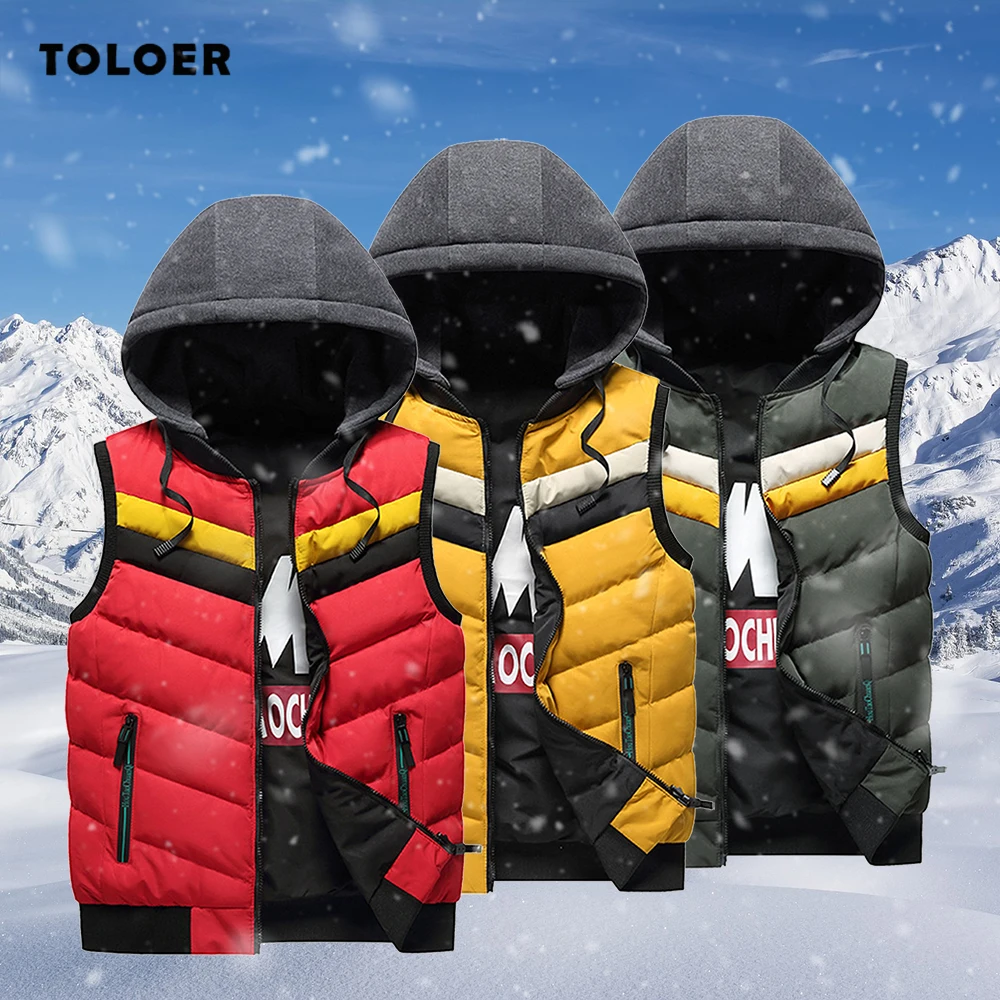 

New Men Winter Waistcoat Sleeveless Two Sides Wear Cotton Vest Jacket Mens Vests Hooded Zipper Thicken Warm Casual Vest Coat