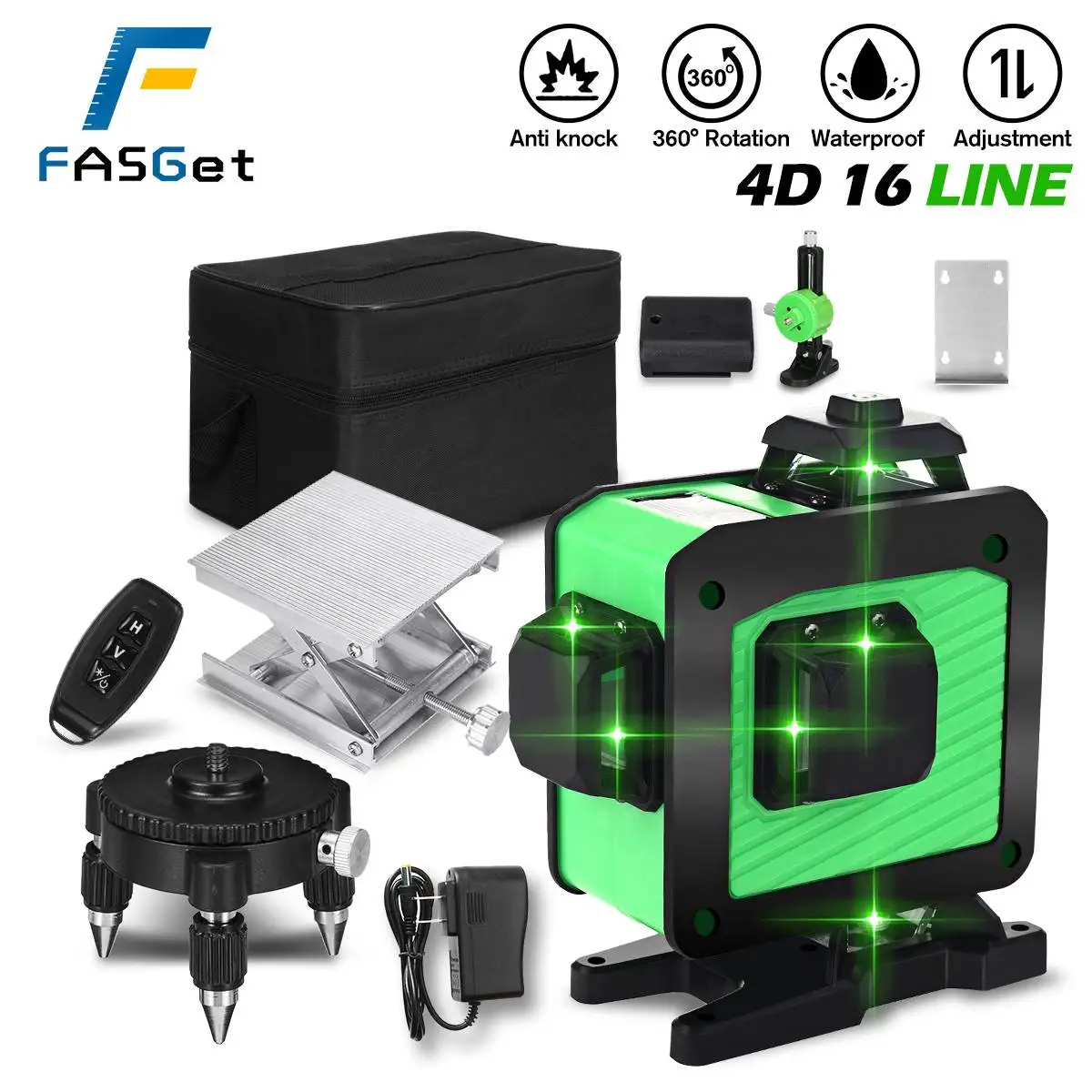 FASGet 16 Lines 4D Laser Level Self-Leveling 360 Horizontal And Vertical Super Powerful Green Laser Level Green Beam Laser Level