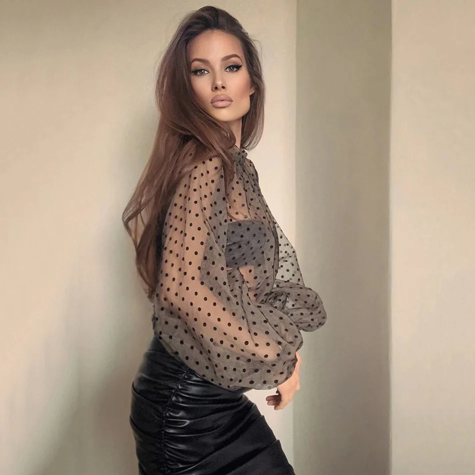 Ailigou Сексуальная Водолазка длинное Сетчатое платье фонарь с рукавом Топ Bodycon PU