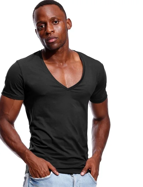 

Men's Deep V-neck T-shirt Low Underwear Scoop Hem Slim Short Sleeve