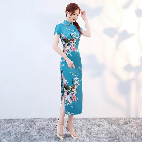 Длинное стильное гладкое атласное платье-Ципао для женщин, традиционное китайское облегающее платье, платье для нового года и свадьбы