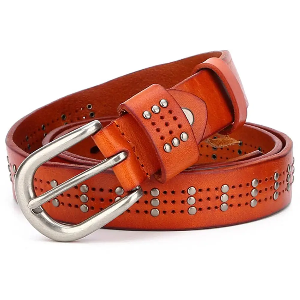 Женский ремень из натуральной кожи с заклепками длина 130 см | Аксессуары для