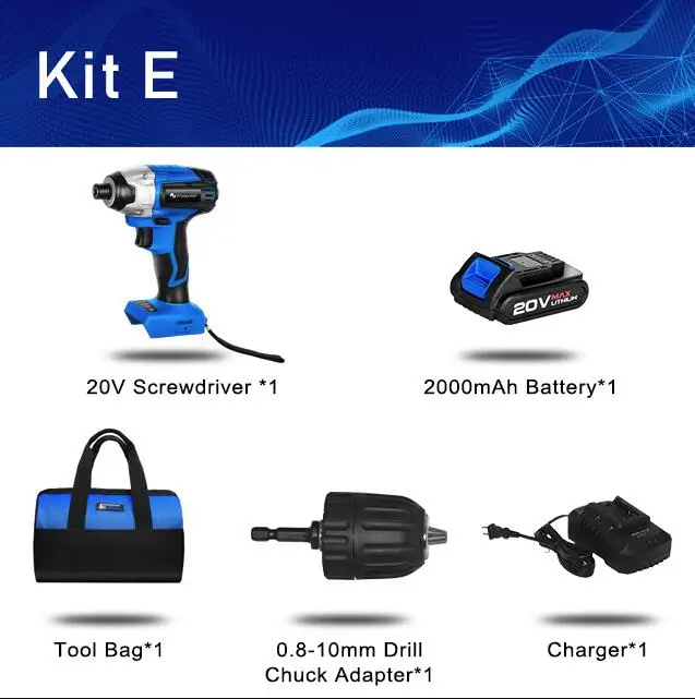 KIT E Электрическая отвертка PROSTORMER 20 в бесщеточная аккумуляторная отвертка Ударная дрель 300 нм сумка для инструментов перезаряжаемая дрель с переменной скоростью - Цвет: KIT E