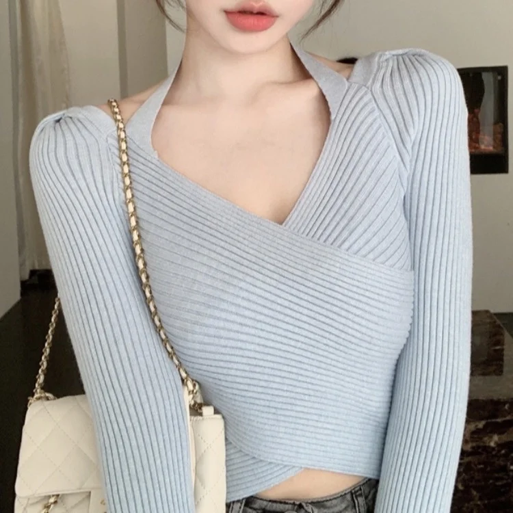 

Женский свитер с воротником-стойкой, облегающий короткий свитер синего цвета, модель C1214 на осень и зиму