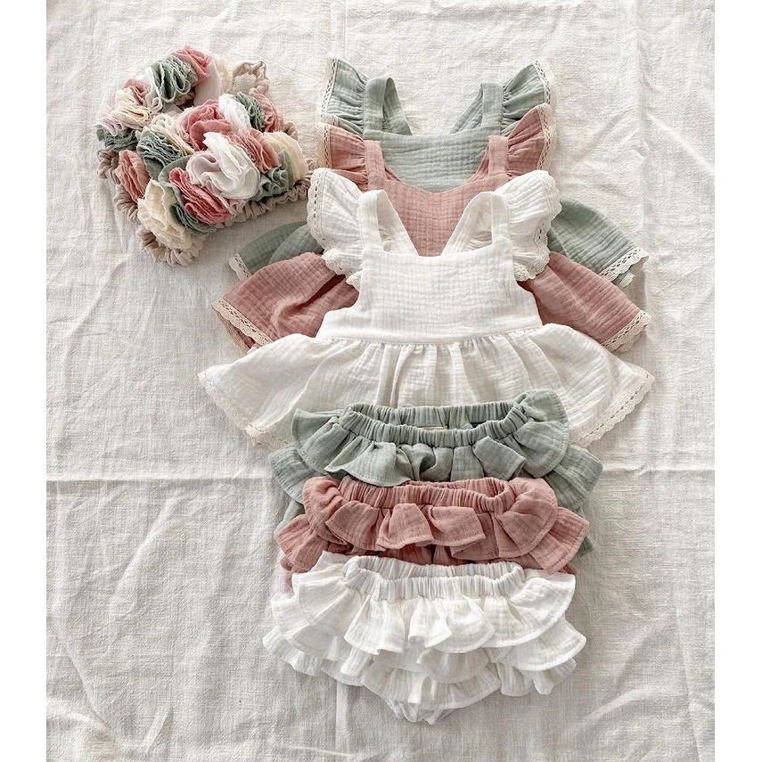 Sumemr Newborn Baby Girl Clothes Set 2pcs Solid Lace Ruffles Sleeve Backless Tops Dress+Layered Tutu Shorts Cotton Linen Outfits