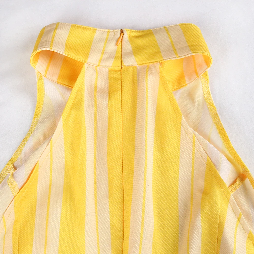 

Yellow Jumpsuits Halter Sleeveless High Waist Wide Leg Striped Fashion Female Vacation Plus Size Playsuits Overalls Summer 2021