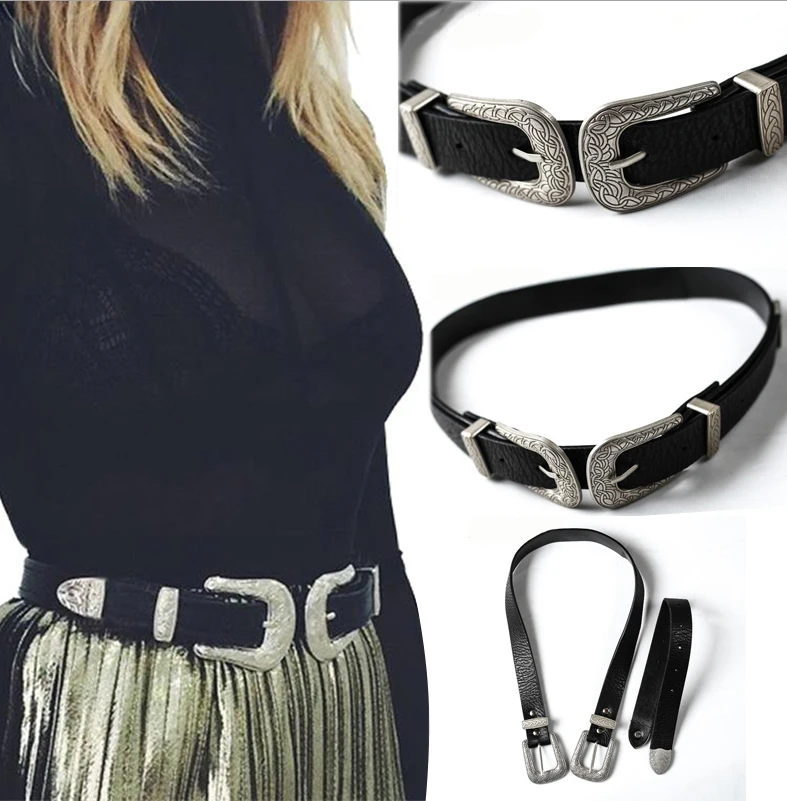 Женский винтажный кожаный пояс в стиле бохо с двойной металлической пряжкой