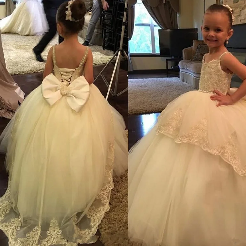 Arabic Flower Girl Dresses for wedding Spaghetti sequins beading back big bow Ball Gowns Beautiful First Communion | Мать и ребенок