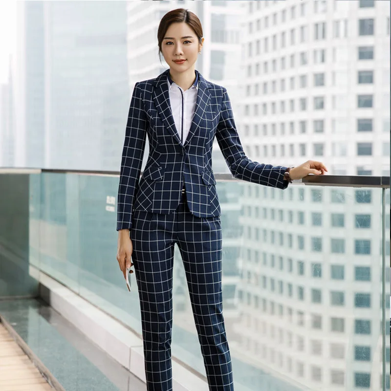 blue pant suits Офисный женский костюм, клетчатые брючные костюмы, деловой Женский комплект из 2 предметов, Женский блейзер, куртка, брюки, осень, большой размер 4XL XXXL XXL - Цвет: blue pant suits