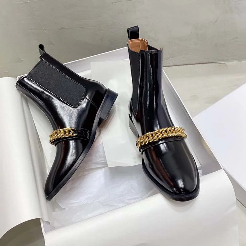

2021 Winter Top Quality Design Women Shoes Chelsea Short Genuine Leather Boot Golden Chain Decoration
