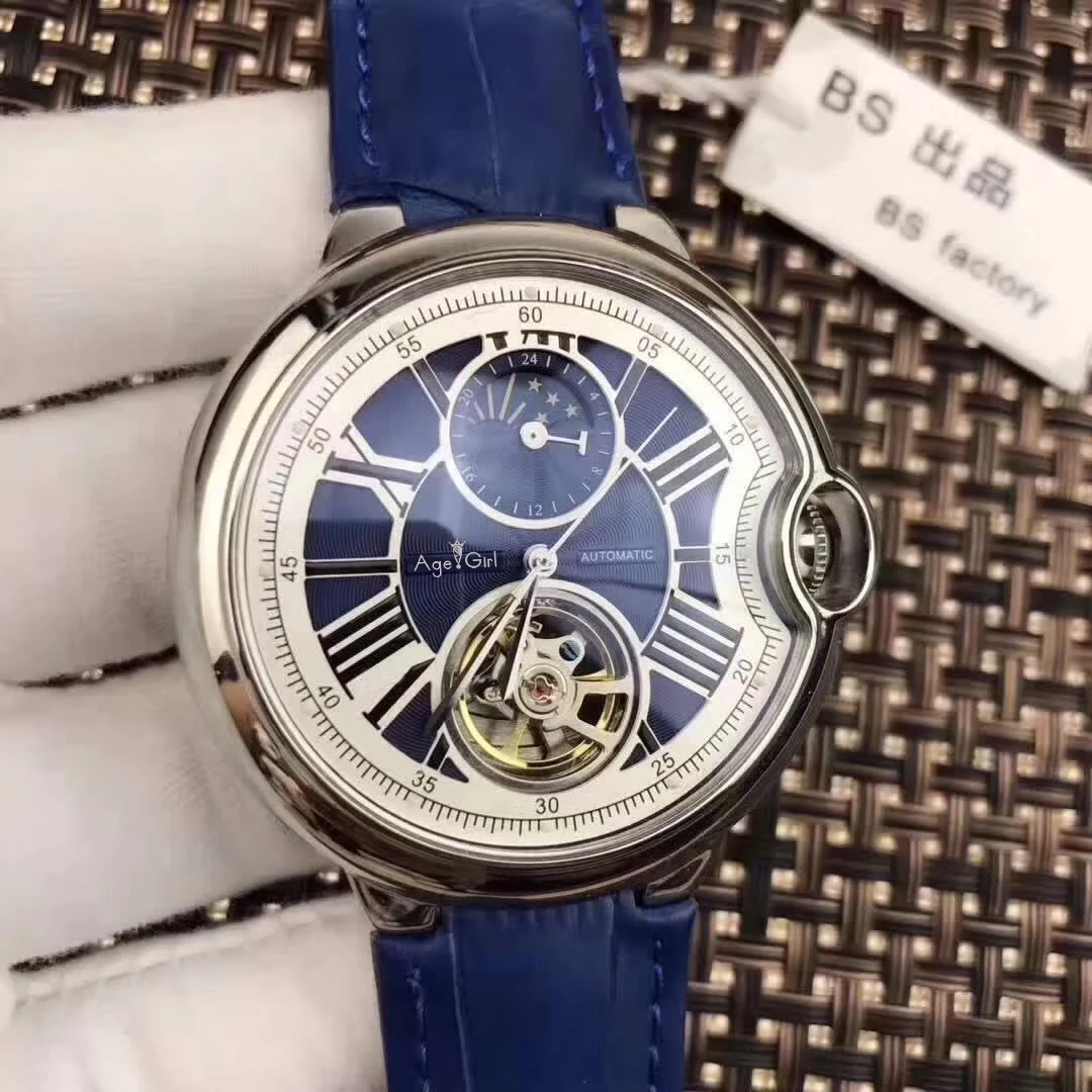 Leather Blue Роскошные брендовые новые автоматические мужские механические часы синий черный кожаный розовое золото прозрачный MoonPhase часы Tourbillion Белый AAA - Цвет: Leather Blue