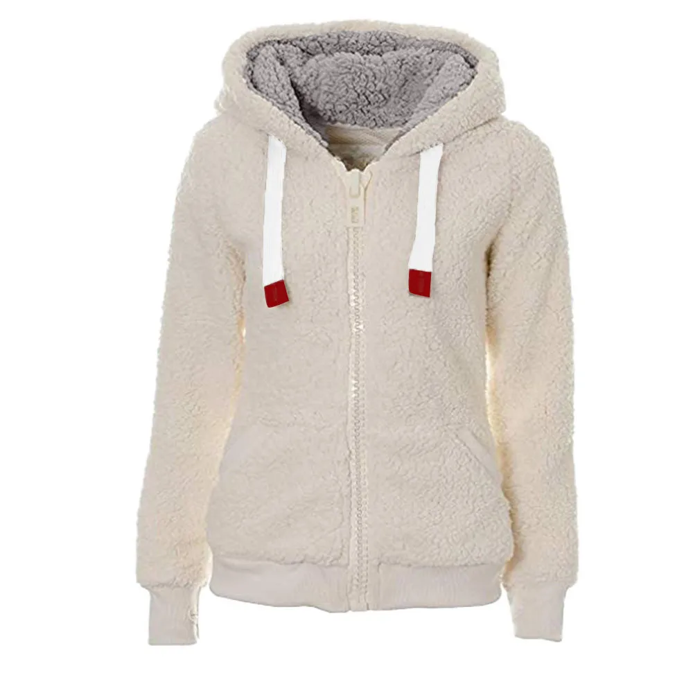 

Winter Women's Jacket Pure Color Casual Soft Teddy Wool Hoodie Fashion Long Sleeve Pocket Warm Top Jacket 2020