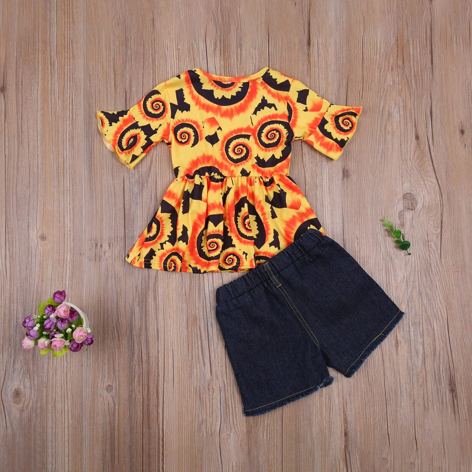

Pudcoco 1-6Y Toddler Kid Baby Girl Summer 2Pcs Set Yellow Paisley Print Dress-Style Flared Short Sleeve Top+Denim Pocket Shorts