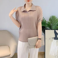 plus size t shirt for women 45 75kg 2021 autumn turn down collar short sleeves loose casual stretch miyake pleated tee tops