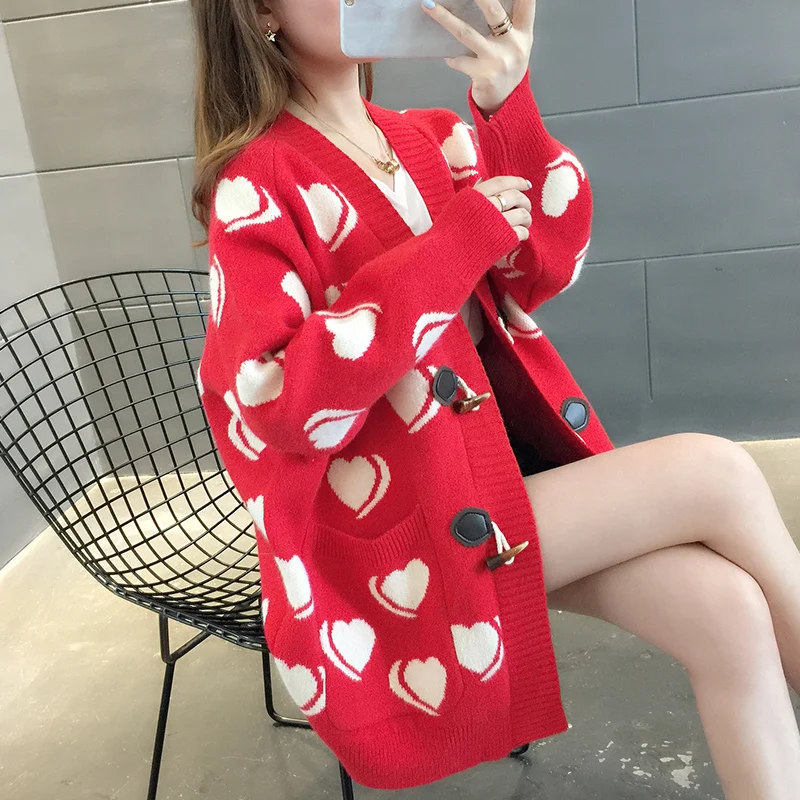 

Женский свободный кардиган средней длины, яркий свитер в Корейском стиле, верхняя одежда с узором в виде сердечек, L391, новинка весны 020