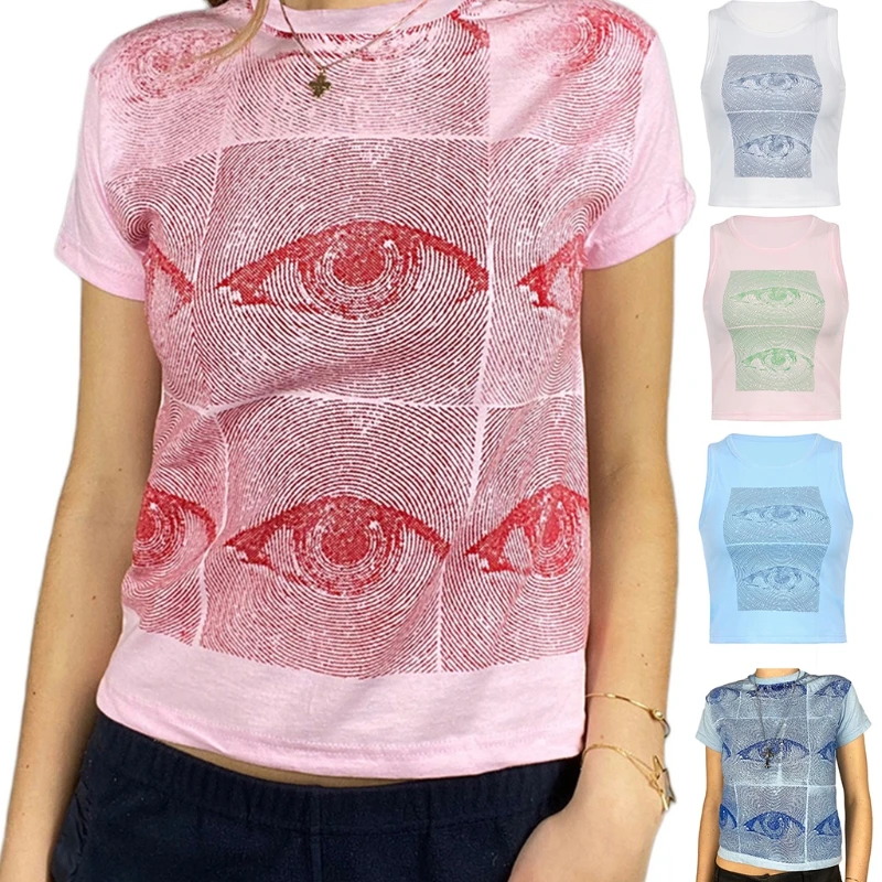 

Women Summer Short Sleeve/Sleeveless Crop Top Harajuku Vintage Abstract Eye Print T-Shirt Crewneck Aesthetic Slim Vest