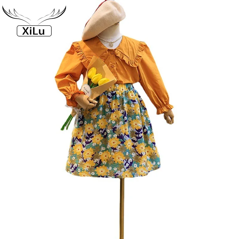 

Girls Cute Lapel Shirt and Floral Skirt Two-piece Suit Kids Clothes Toddler Fall Clothes Christmas Outfit Toddler Fall Clothes
