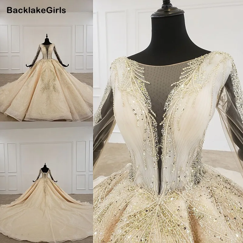 BacklakeGirls African Wedding Dresses Sexy V Neck Sheer Long Sleeve Big Tailing Princess Luxury Dress 2020 Robe De Bal | Свадьбы и