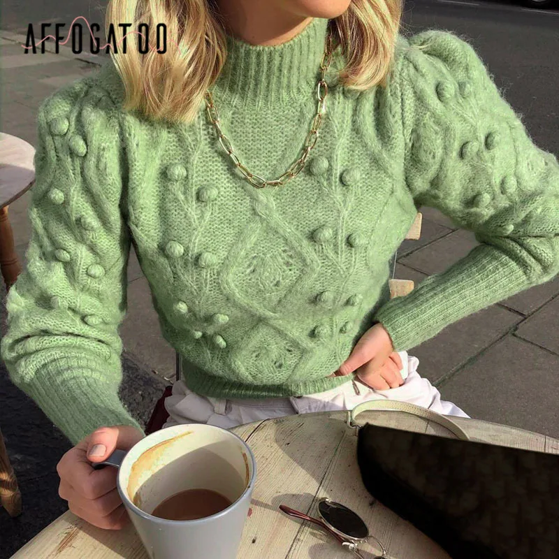 Affogatoo Casual turtleneck hairball women sweater Autumn winter lantern sleeve knitted female Streetwear lady pullover | Женская одежда