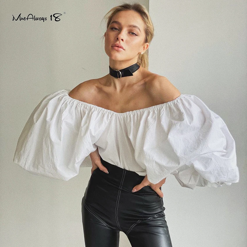 

Mnealways18 Big Puff Sleeves Sexy Women Blouses White Chic Pleated Off Shoulder Tops Spring Summer 2022 Party Club Female Shirts